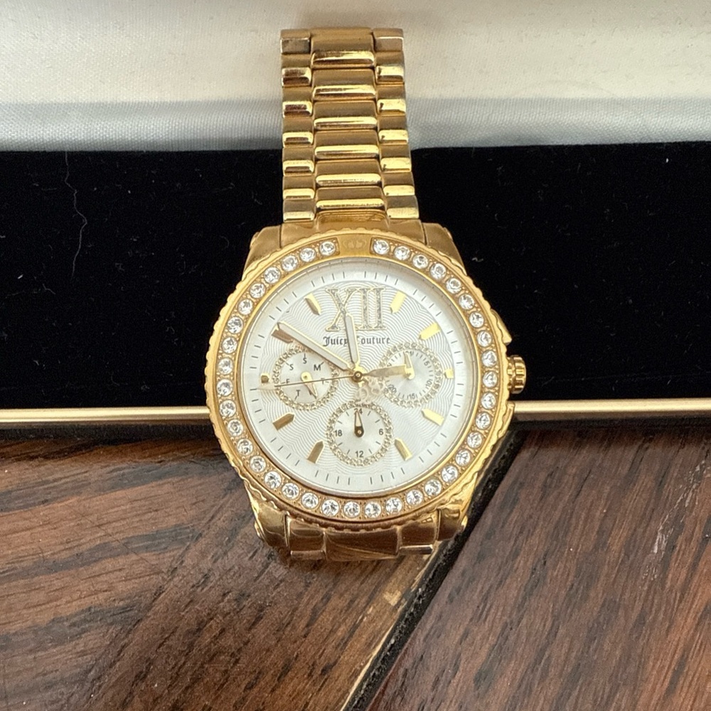 Gold Women's Juicy Couture Watch with Crystal Accents-in working condition